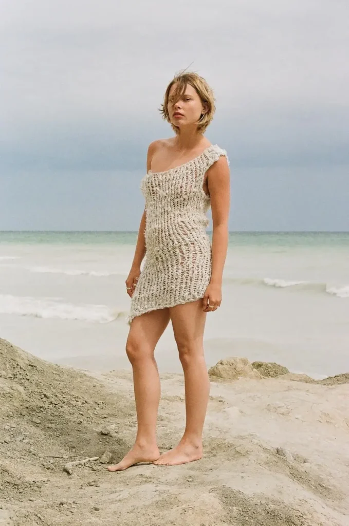 Banana yarn set assymetrical mini dress.
